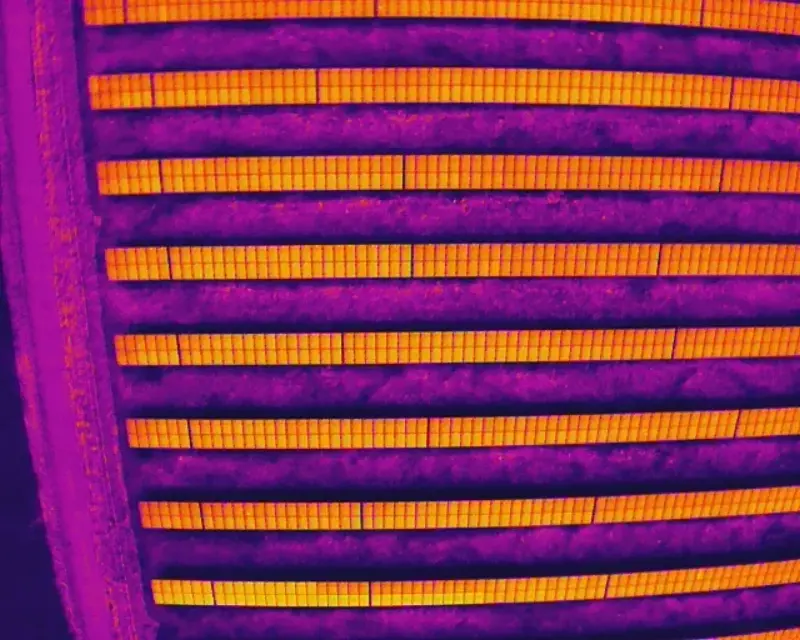 PV-Thermografie per Drohne: Wärmebild eines Solarparks, Modulreihen orange auf violettem Grund